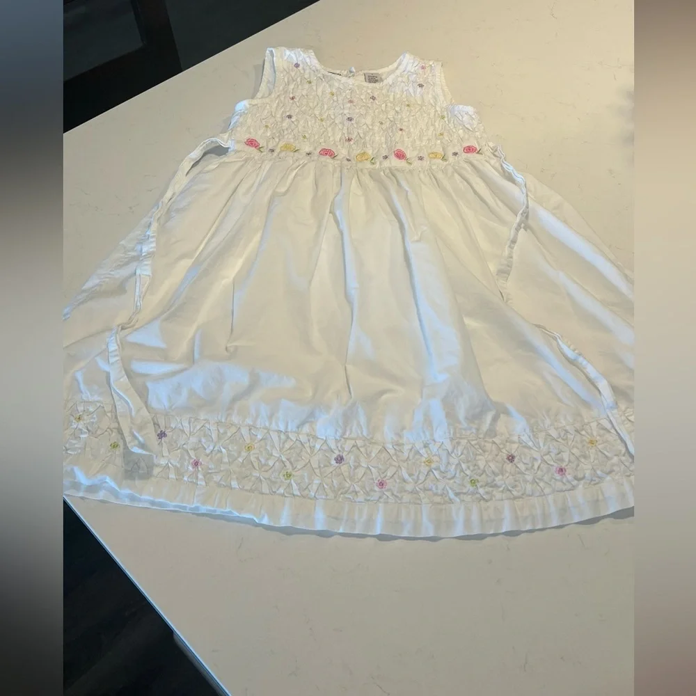 White Cotton Kids Dress with Floral Accents